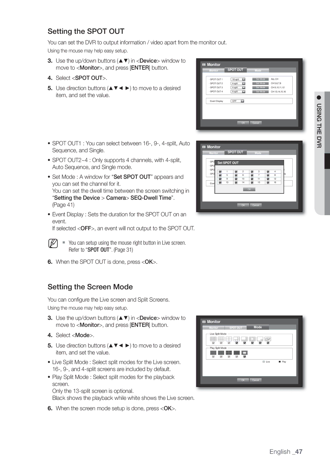 Samsung SHR-8080P, SHR-8160P, SHR-7162P, SHR-8082P, SHR-8162P, SHR-7082P Setting the Spot OUT, Setting the Screen Mode, Using 