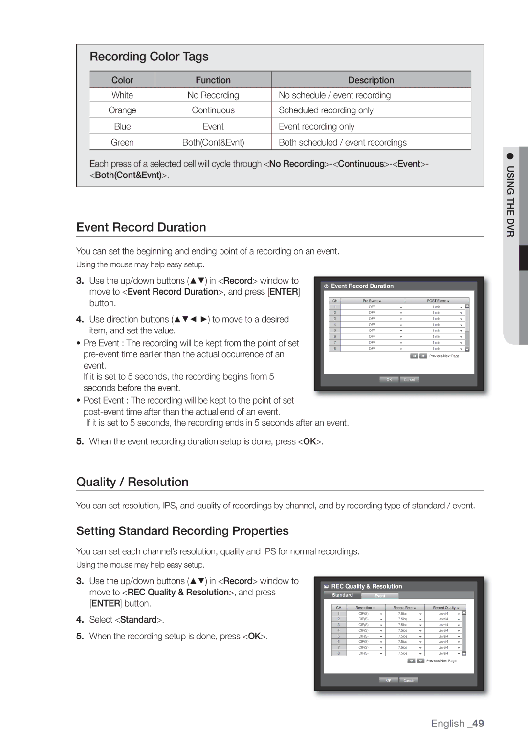 Samsung SHR-7162P Event Record Duration, Quality / Resolution, Recording Color Tags, Setting Standard Recording Properties 