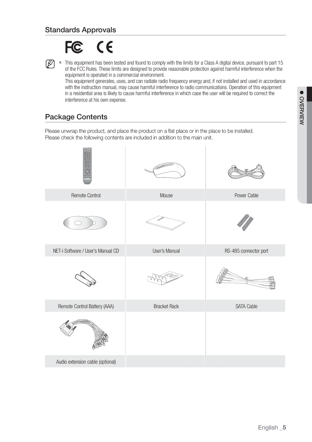 Samsung SHR-7080P, SHR-8160P, SHR-7162P, SHR-8082P, SHR-8162P, SHR-7082P, SHR-7160P manual Standards Approvals, Package Contents 