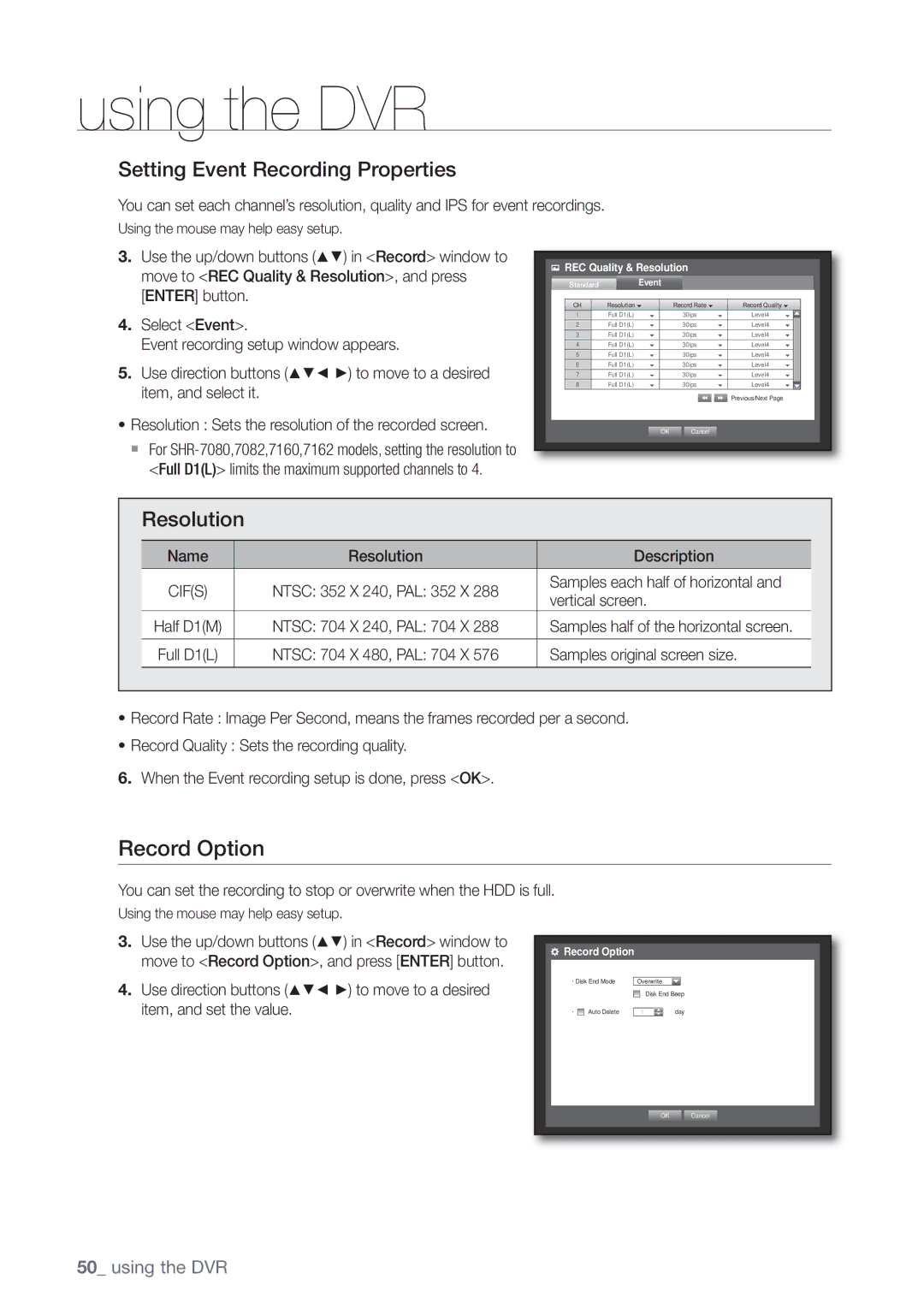 Samsung SHR-8082P, SHR-8160P, SHR-7162P, SHR-8162P, SHR-7082P Record Option, Setting Event Recording Properties, Resolution 