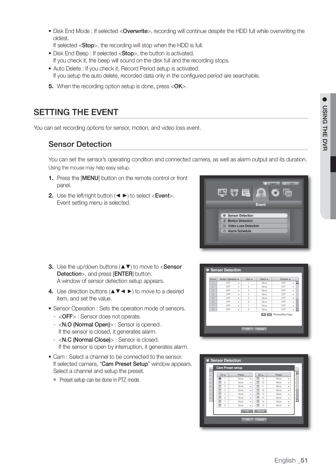 Samsung SHR-8162P, SHR-8160P, SHR-7162P, SHR-8082P manual Setting the Event, Sensor Detection, Normal Close Sensor is closed 