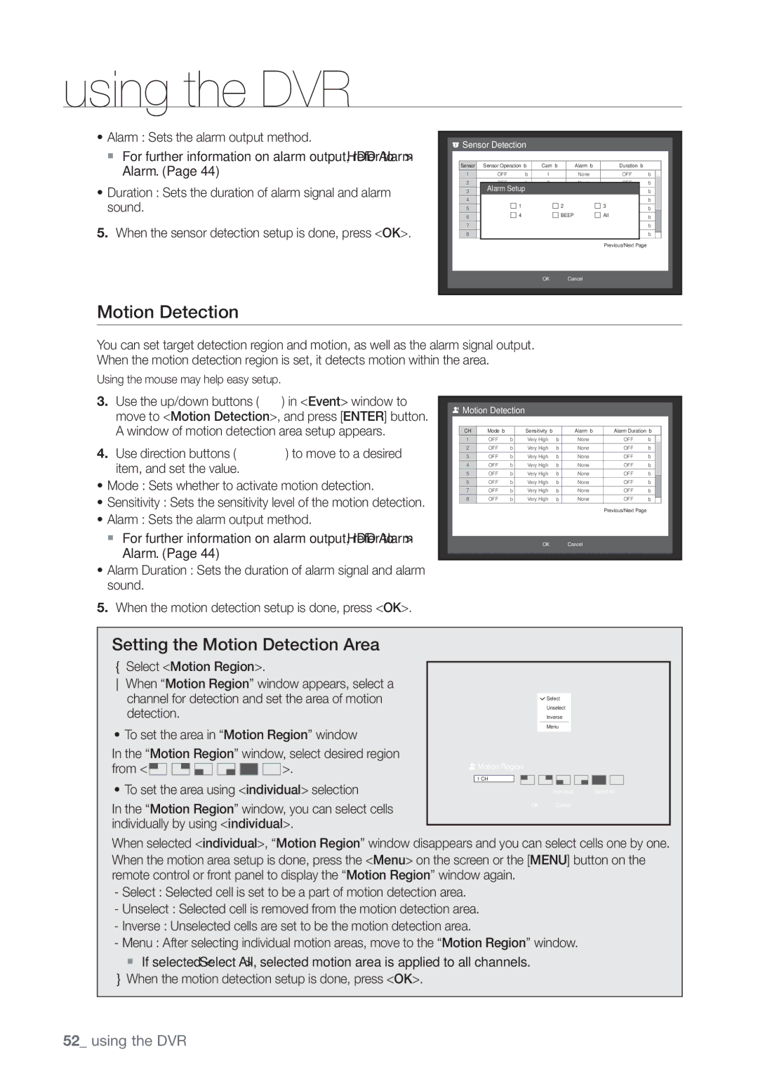 Samsung SHR-7082P, SHR-8160P, SHR-7162P, SHR-8082P manual Setting the Motion Detection Area, Alarm Setup, Motion Region 