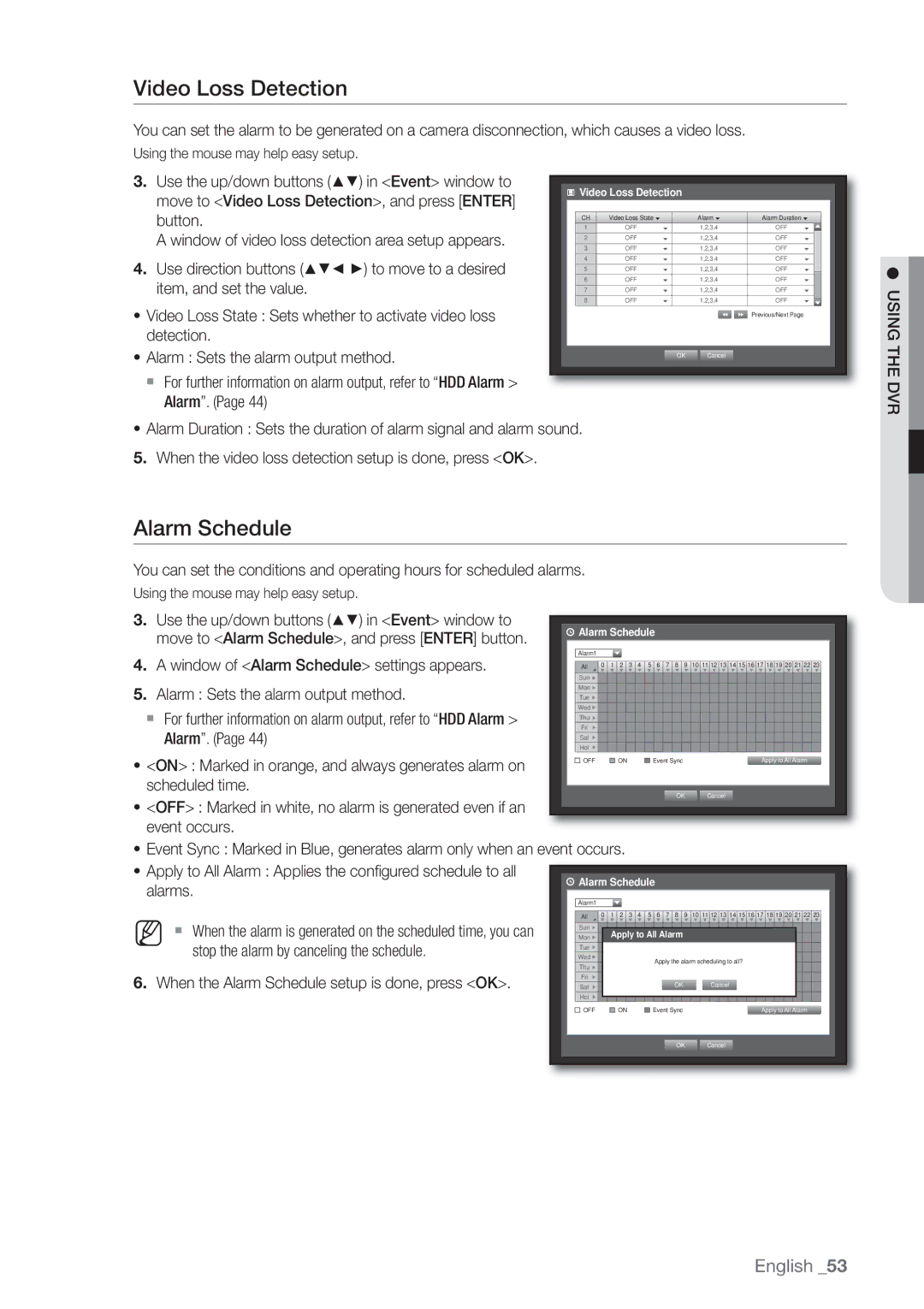 Samsung SHR-7080P, SHR-8160P, SHR-7162P, SHR-8082P, SHR-8162P, SHR-7082P, SHR-7160P manual Video Loss Detection, Alarm Schedule 