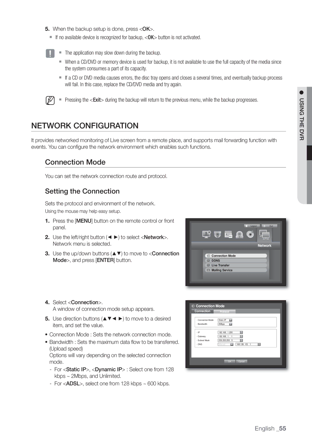 Samsung SHR-8080P, SHR-8160P, SHR-7162P, SHR-8082P, SHR-8162P Network Configuration, Connection Mode, Setting the Connection 