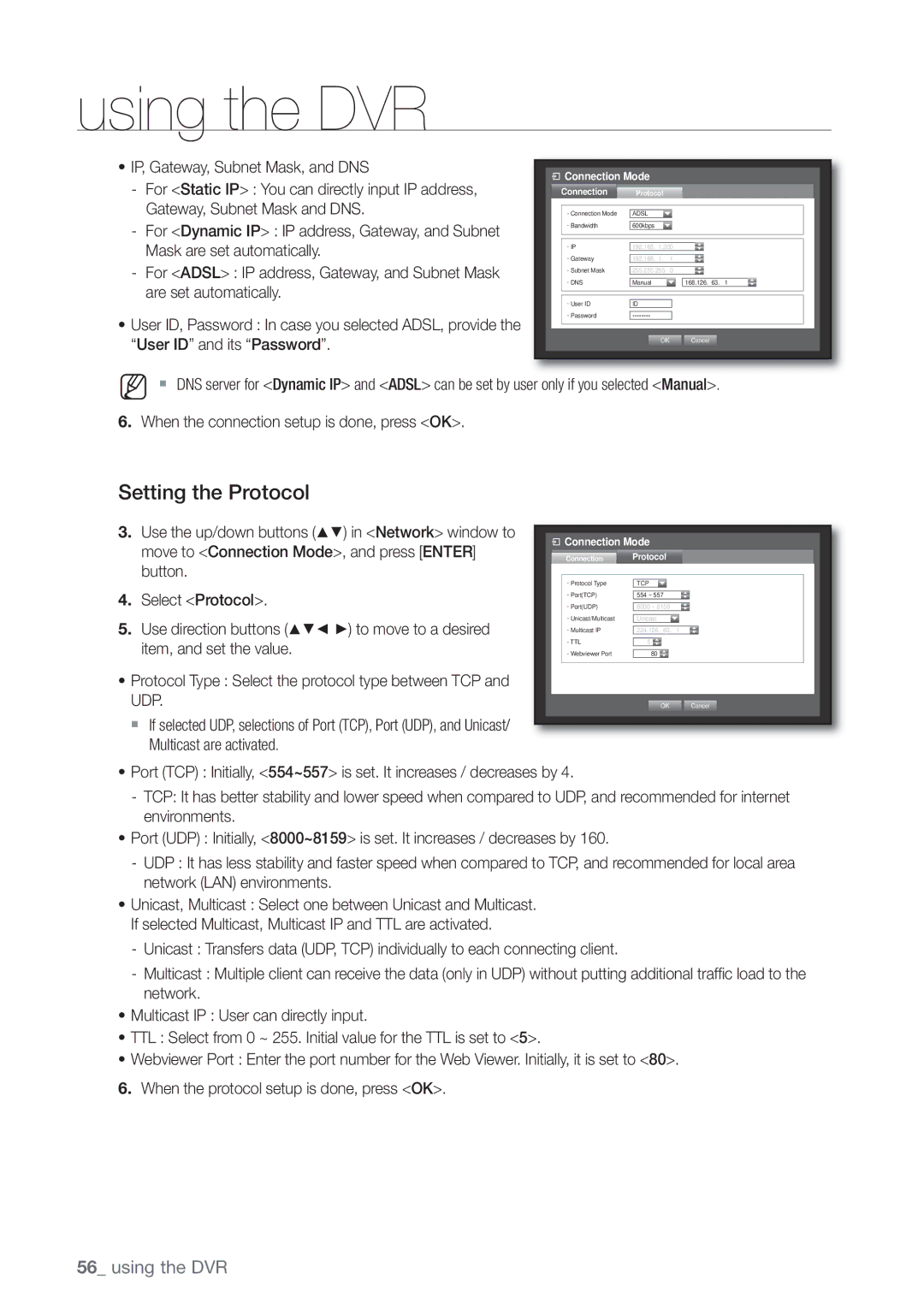 Samsung SHR-8160P, SHR-7162P manual Setting the Protocol, Move to Connection Mode, and press Enter, Select Protocol, Udp 