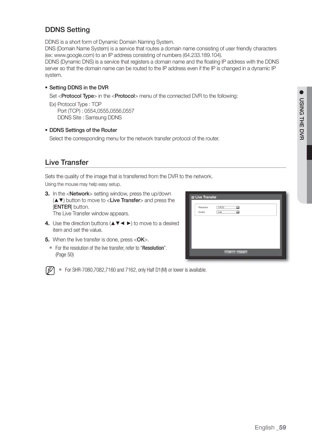 Samsung SHR-8162P, SHR-8160P Ddns Setting, Network setting window, press the up/down, Live Transfer window appears 