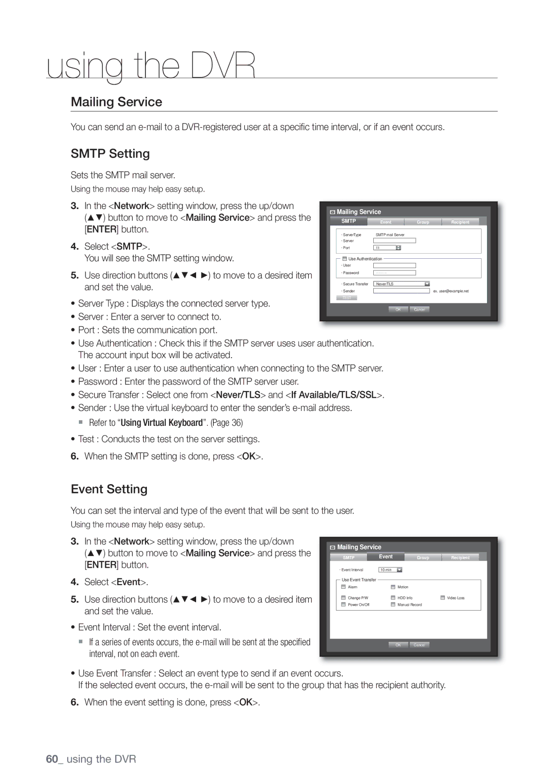 Samsung SHR-7082P, SHR-8160P, SHR-7162P, SHR-8082P, SHR-8162P, SHR-7080P manual Mailing Service, Smtp Setting, Event Setting 