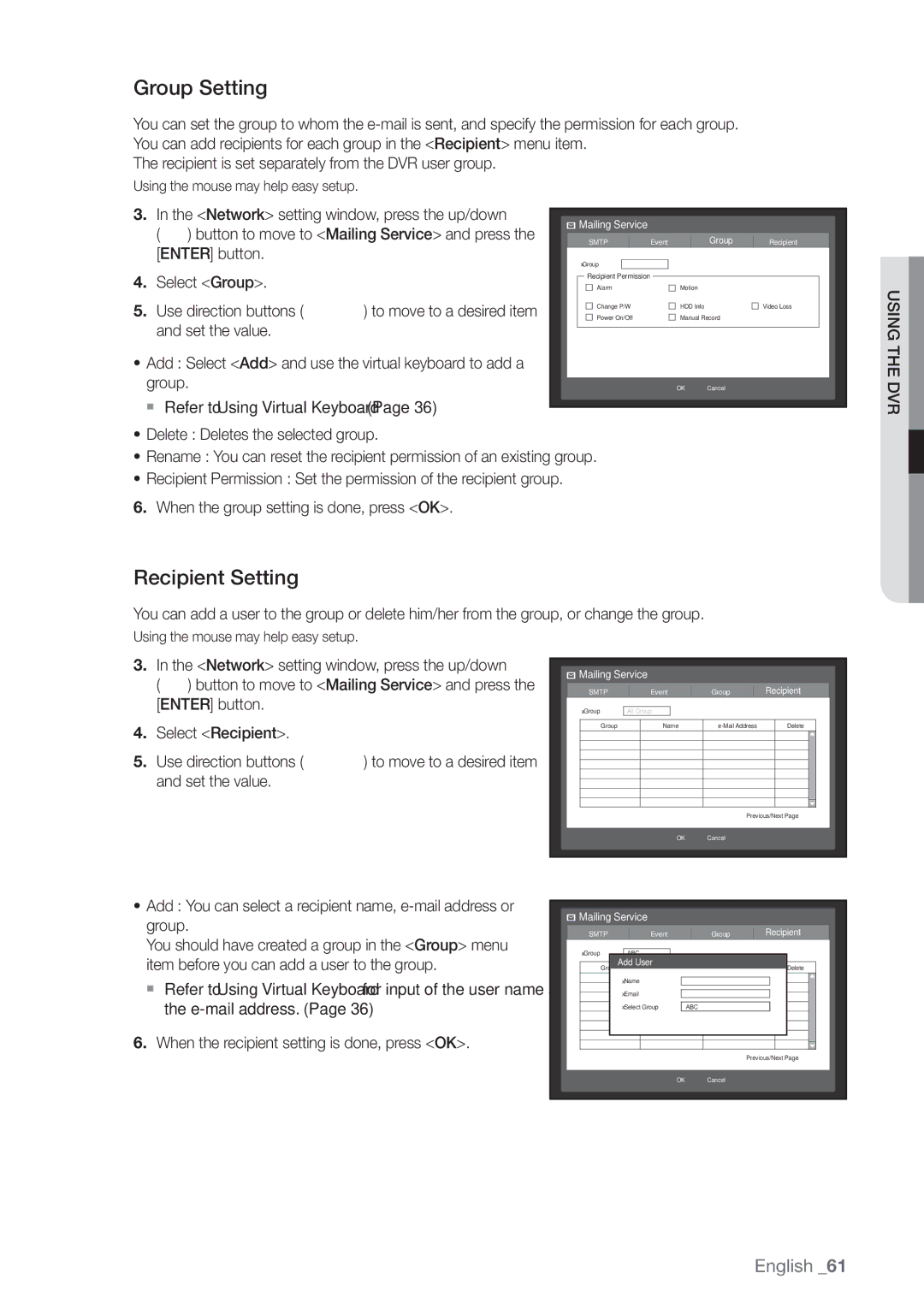 Samsung SHR-7080P, SHR-8160P, SHR-7162P, SHR-8082P, SHR-8162P, SHR-7082P manual Group Setting, Recipient Setting, GroupAdd User 