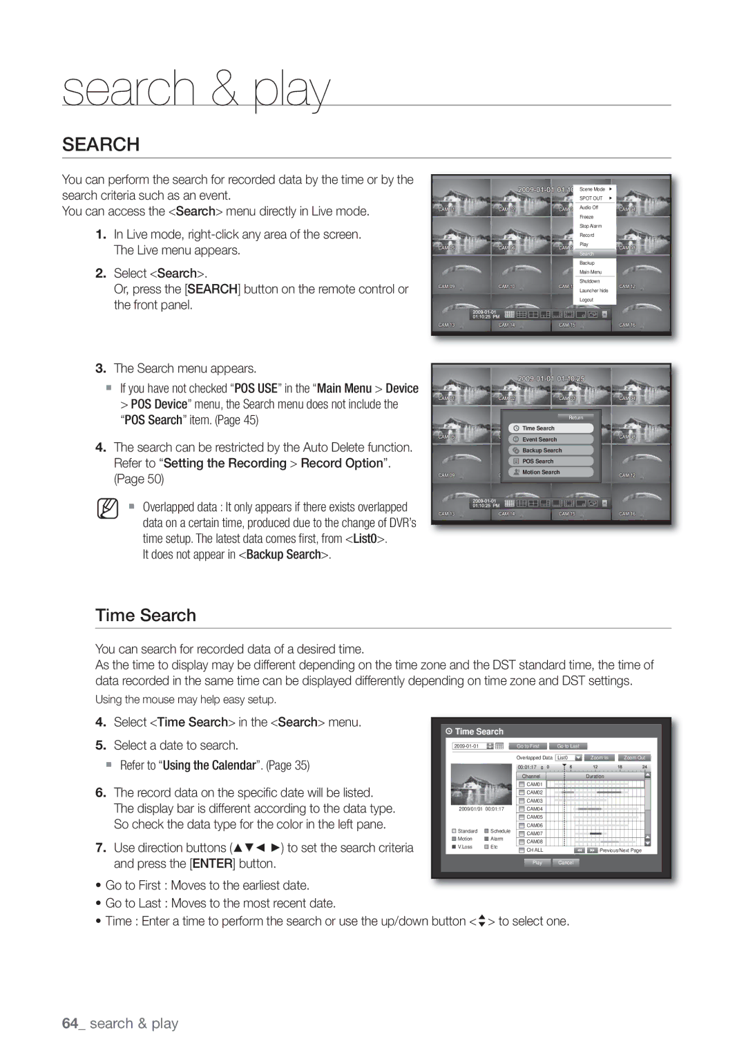 Samsung SHR-8160P, SHR-7162P, SHR-8082P, SHR-8162P, SHR-7082P, SHR-7080P, SHR-7160P, SHR-8080P manual Time Search 