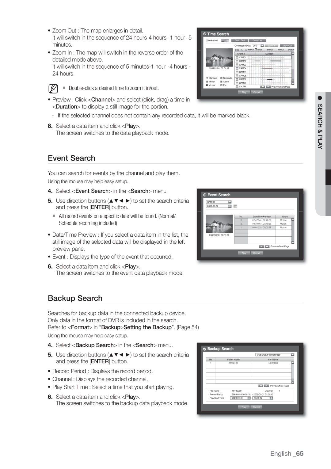 Samsung SHR-7162P manual Event Search, Backup Search, Search & Play, You can search for events by the channel and play them 