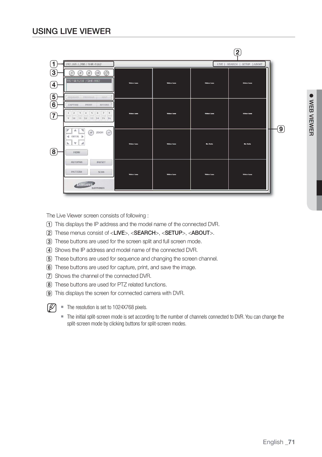 Samsung SHR-8080P, SHR-8160P, SHR-7162P, SHR-8082P, SHR-8162P, SHR-7082P, SHR-7080P, SHR-7160P manual Using Live Viewer 