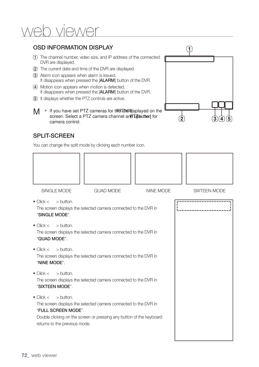 Samsung SHR-8160P, SHR-7162P You can change the split mode by clicking each number icon, Single Mode Quad Mode Nine Mode 