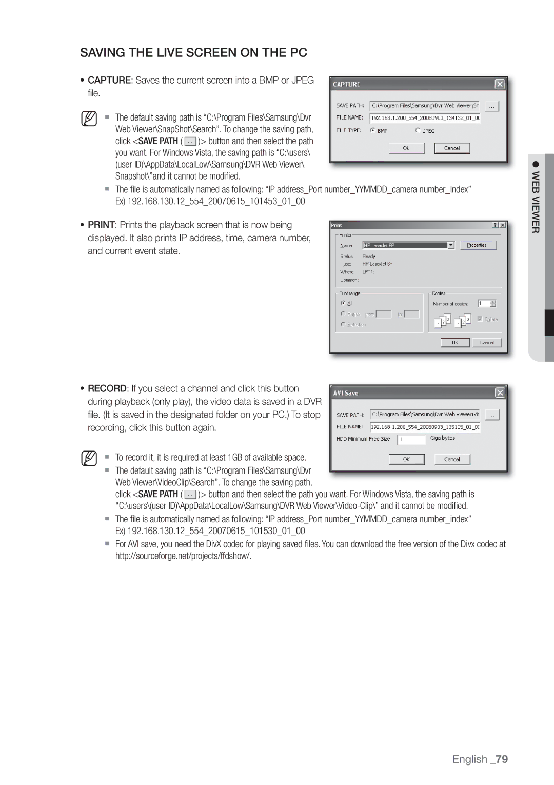 Samsung SHR-8080P, SHR-8160P, SHR-7162P, SHR-8082P, SHR-8162P, SHR-7082P, SHR-7080P, SHR-7160P Saving the Live Screen on the PC 