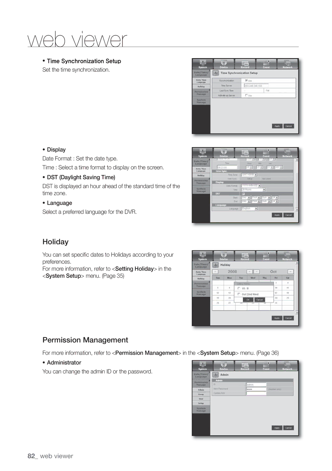 Samsung SHR-8082P, SHR-8160P, SHR-7162P, SHR-8162P, SHR-7082P, SHR-7080P, SHR-7160P, SHR-8080P Holiday, Permission Management 