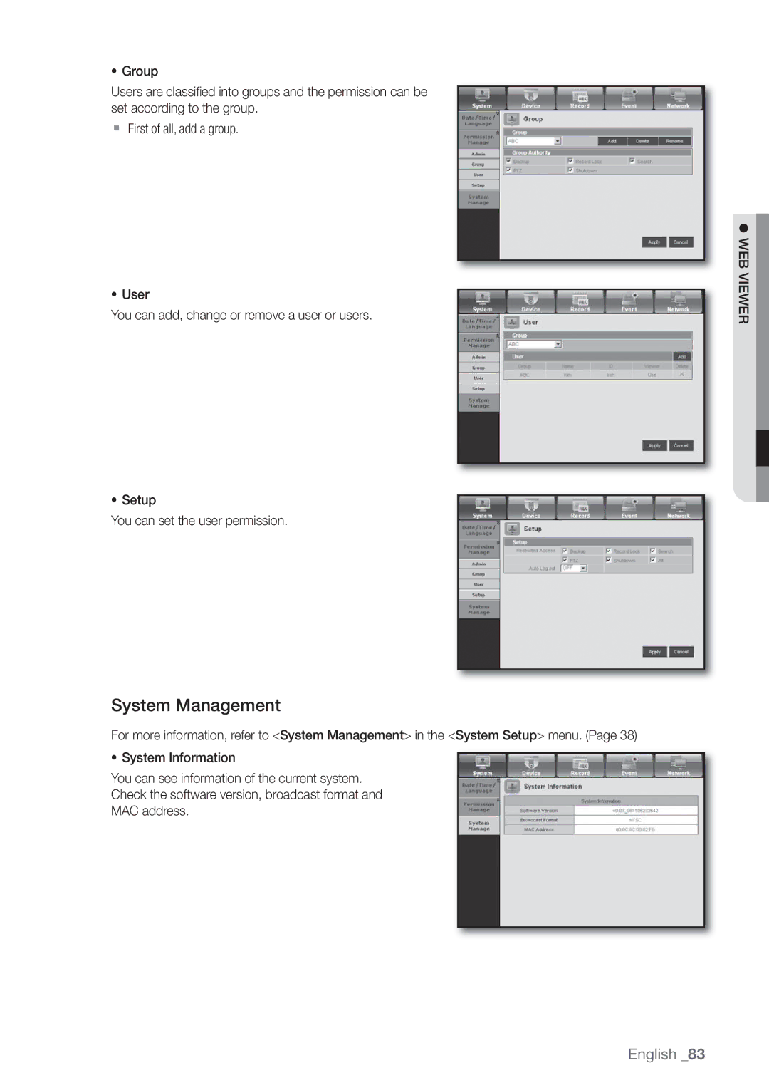 Samsung SHR-8162P, SHR-8160P, SHR-7162P, SHR-8082P, SHR-7082P, SHR-7080P, SHR-7160P, SHR-8080P manual System Management 