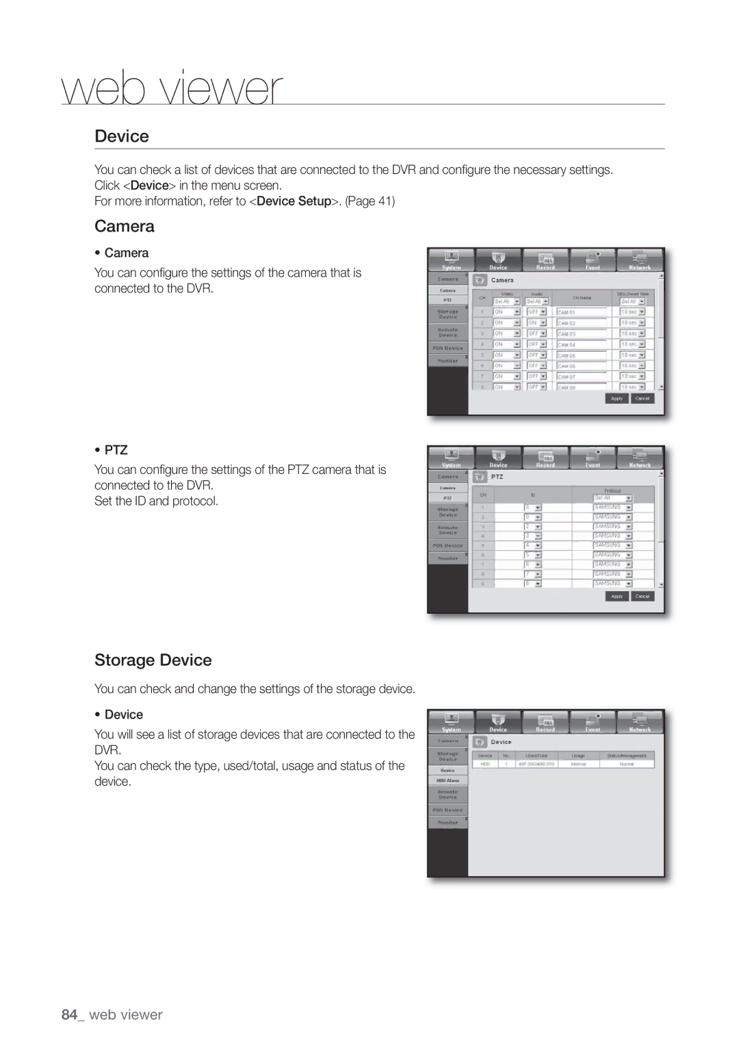 Samsung SHR-7082P, SHR-8160P, SHR-7162P, SHR-8082P, SHR-8162P, SHR-7080P, SHR-7160P, SHR-8080P manual Camera, Storage Device 