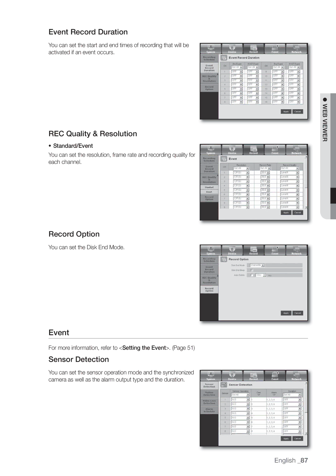 Samsung SHR-8080P, SHR-8160P manual Event Record Duration, REC Quality & Resolution, Record Option, Sensor Detection 