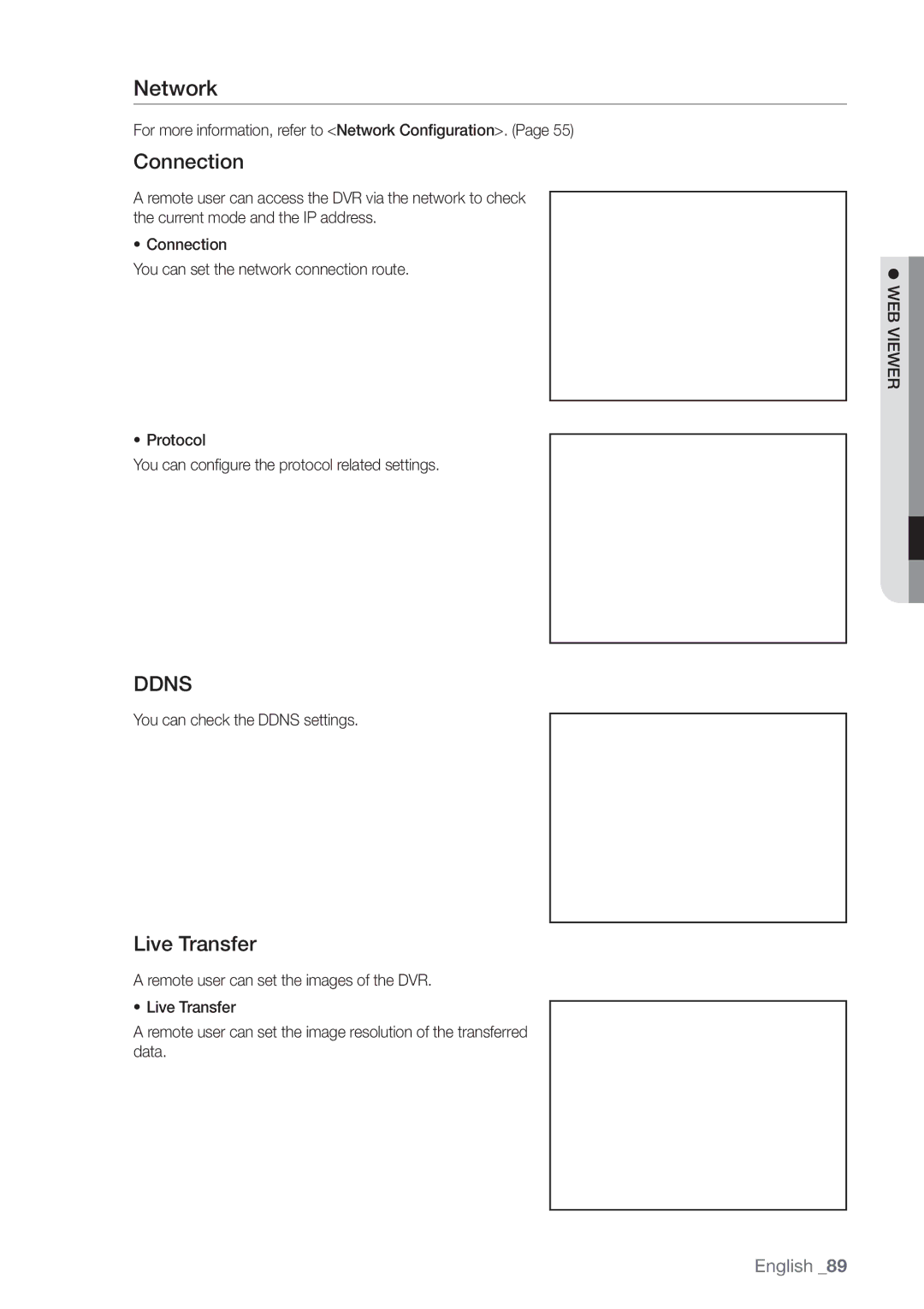 Samsung SHR-7162P, SHR-8160P, SHR-8082P Connection, Live Transfer, For more information, refer to Network Conﬁguration 