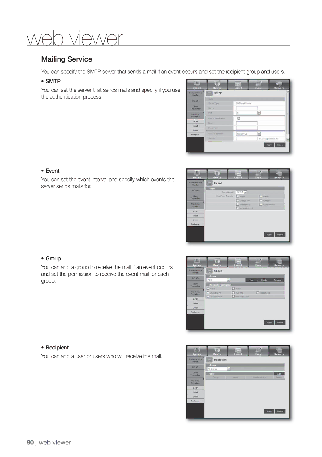 Samsung SHR-8082P, SHR-8160P, SHR-7162P, SHR-8162P, SHR-7082P, SHR-7080P, SHR-7160P, SHR-8080P manual Mailing Service, Smtp 