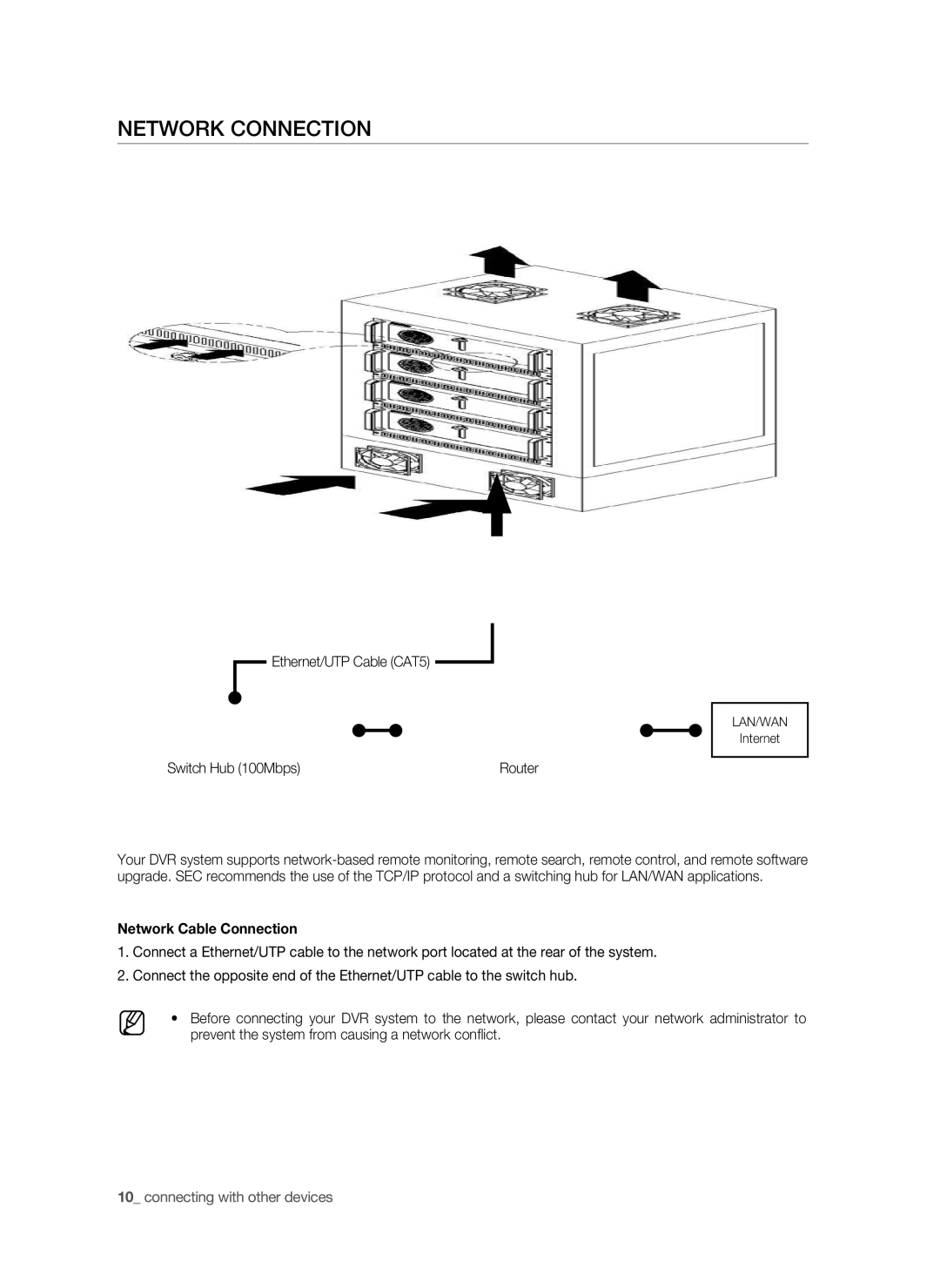 Samsung SHR-9716 user manual Network Connection, Ethernet/UTP Cable CAT5, Switch Hub 100Mbps, Network Cable Connection 