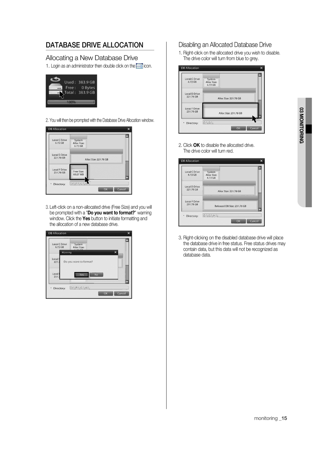 Samsung SHR-9716 Database Drive Allocation, Allocating a New Database Drive, Disabling an Allocated Database Drive 