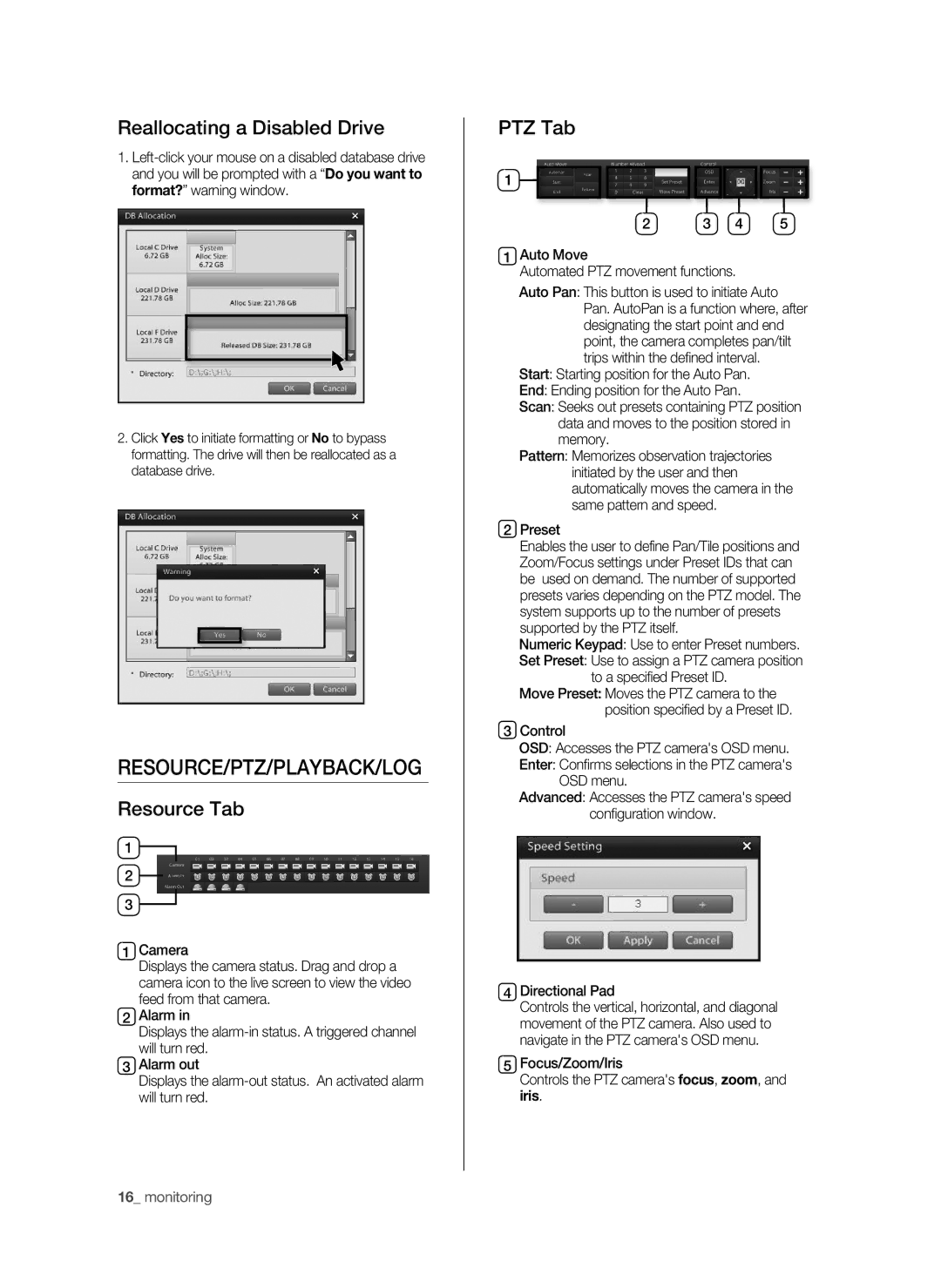 Samsung SHR-9716 user manual Resource/Ptz/Playback/Log, Reallocating a Disabled Drive, Resource Tab, PTZ Tab 