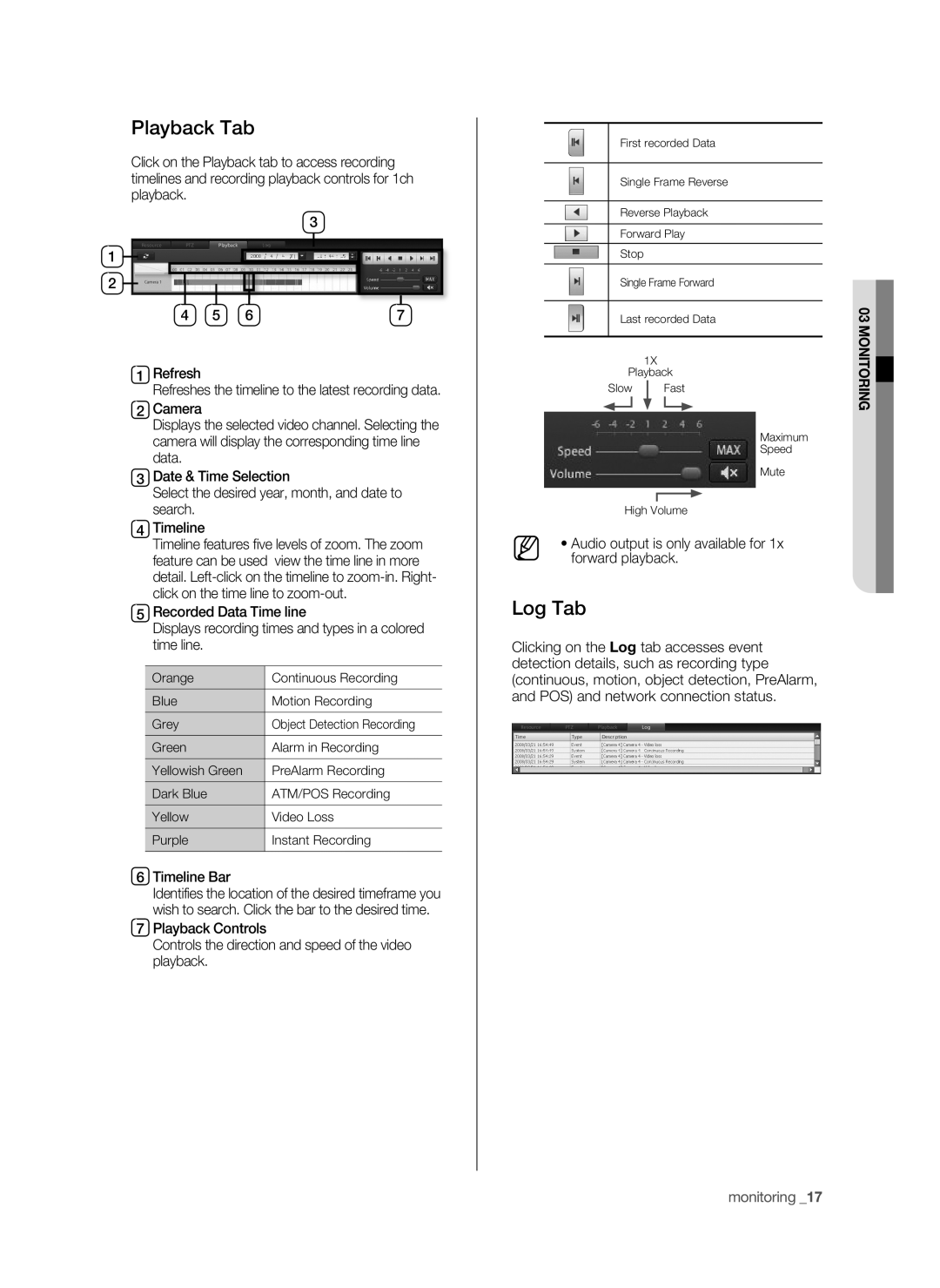 Samsung SHR-9716 user manual Playback Tab, Log Tab, Timeline Bar, Audio output is only available for 1x forward playback 