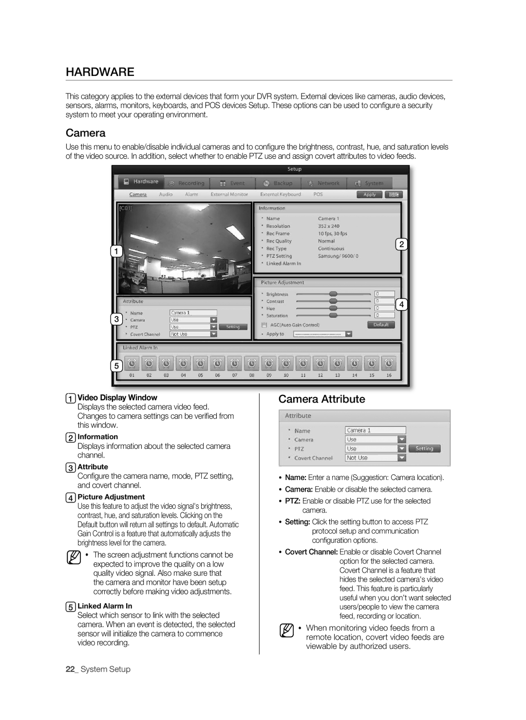 Samsung SHR-9716 user manual Hardware, Camera Attribute 