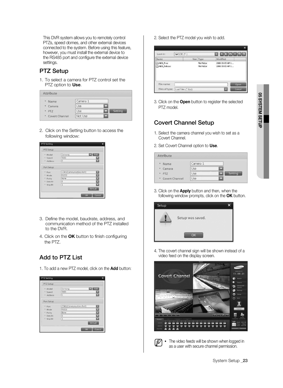 Samsung SHR-9716 user manual PTZ Setup, Add to PTZ List, Covert Channel Setup, PTZ model 