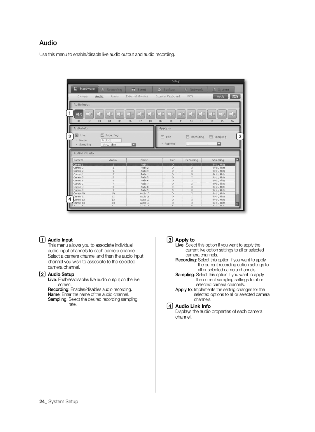 Samsung SHR-9716 user manual Audio Input Apply to, Audio Setup, Audio Link Info 