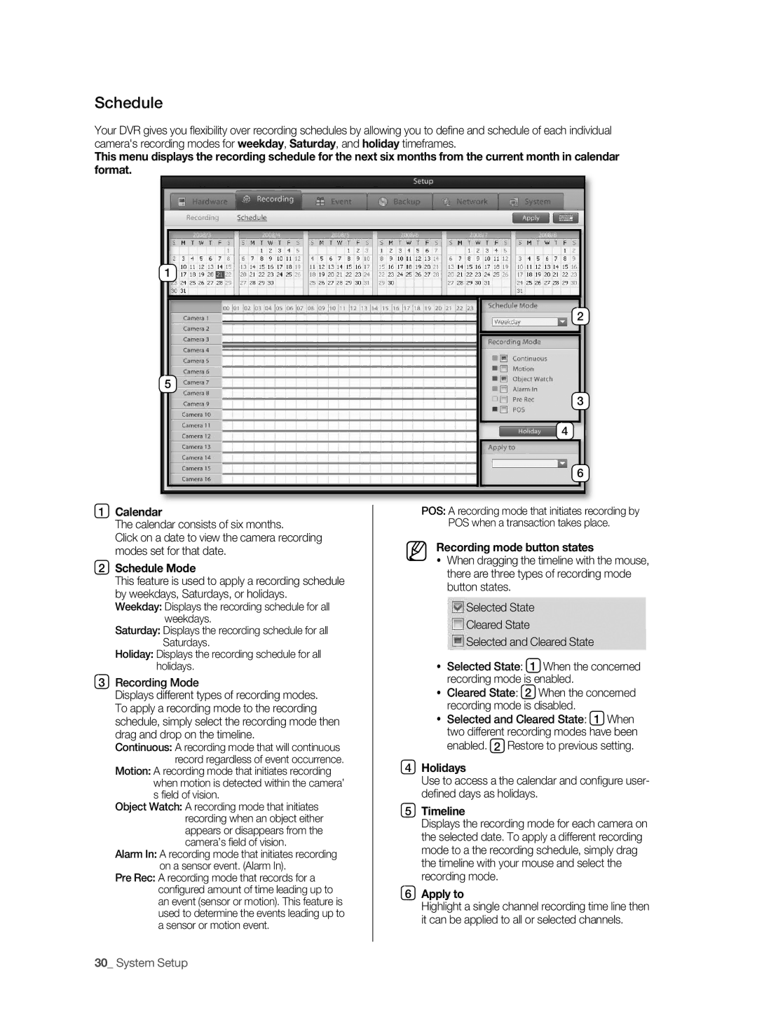 Samsung SHR-9716 user manual Recording mode button states, Schedule Mode, Holidays 