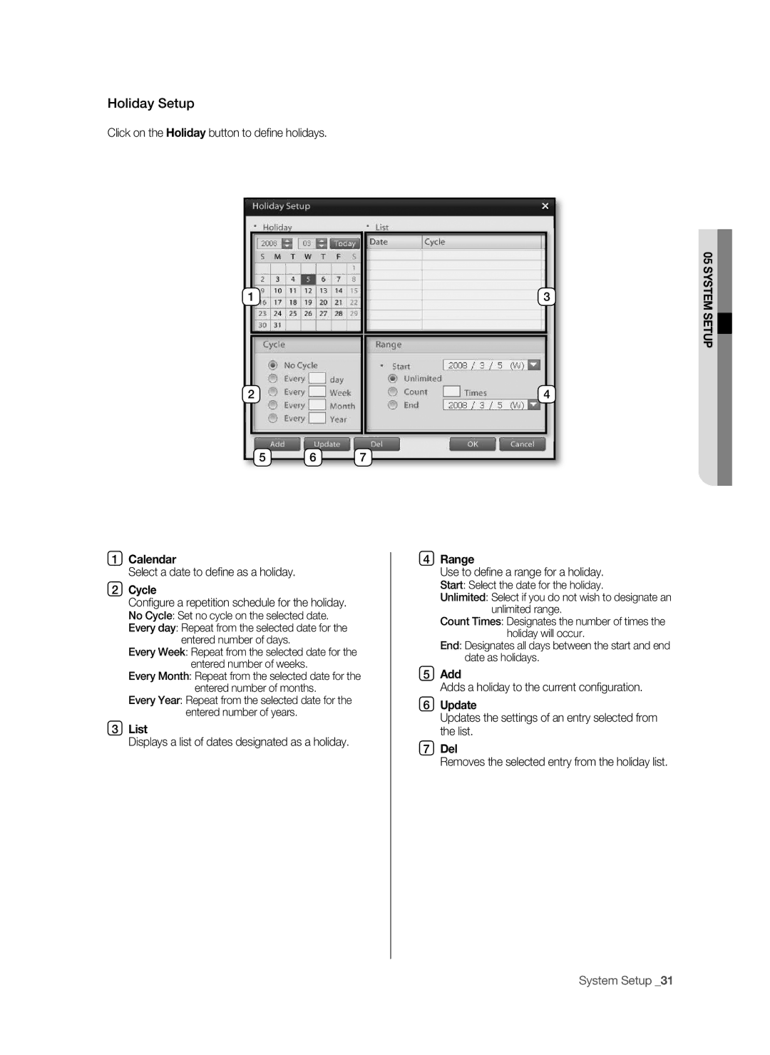 Samsung SHR-9716 user manual Cycle, Range, Add, Update, Del 