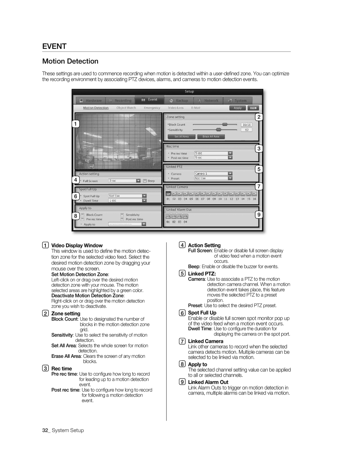 Samsung SHR-9716 user manual Event, Motion Detection 