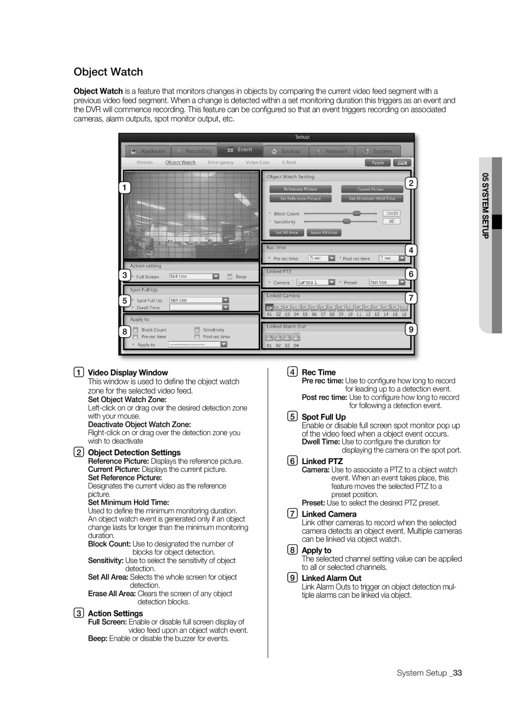 Samsung SHR-9716 user manual Object Watch, Object Detection Settings, Action Settings 