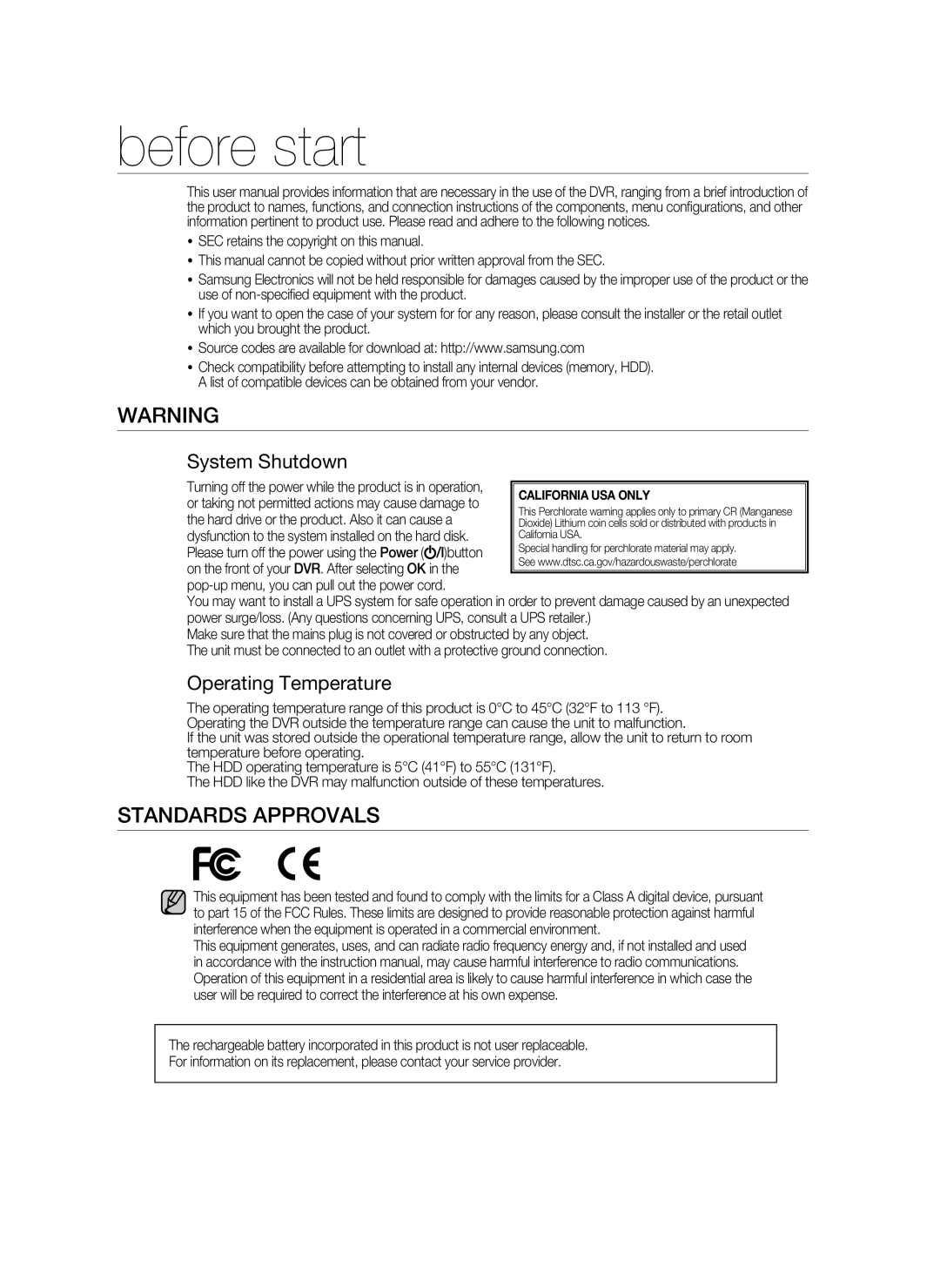 Samsung SHR-9716 user manual Before start, Standards Approvals, System Shutdown, Operating Temperature 