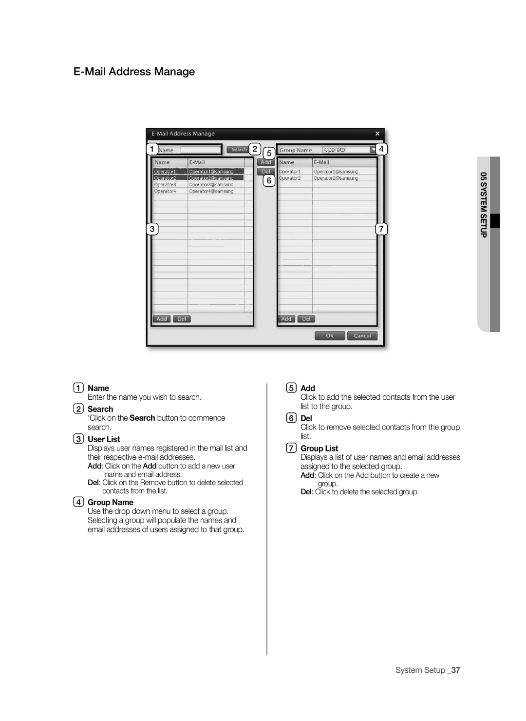 Samsung SHR-9716 user manual Mail Address manage, Search, User List, Group Name, Group List 