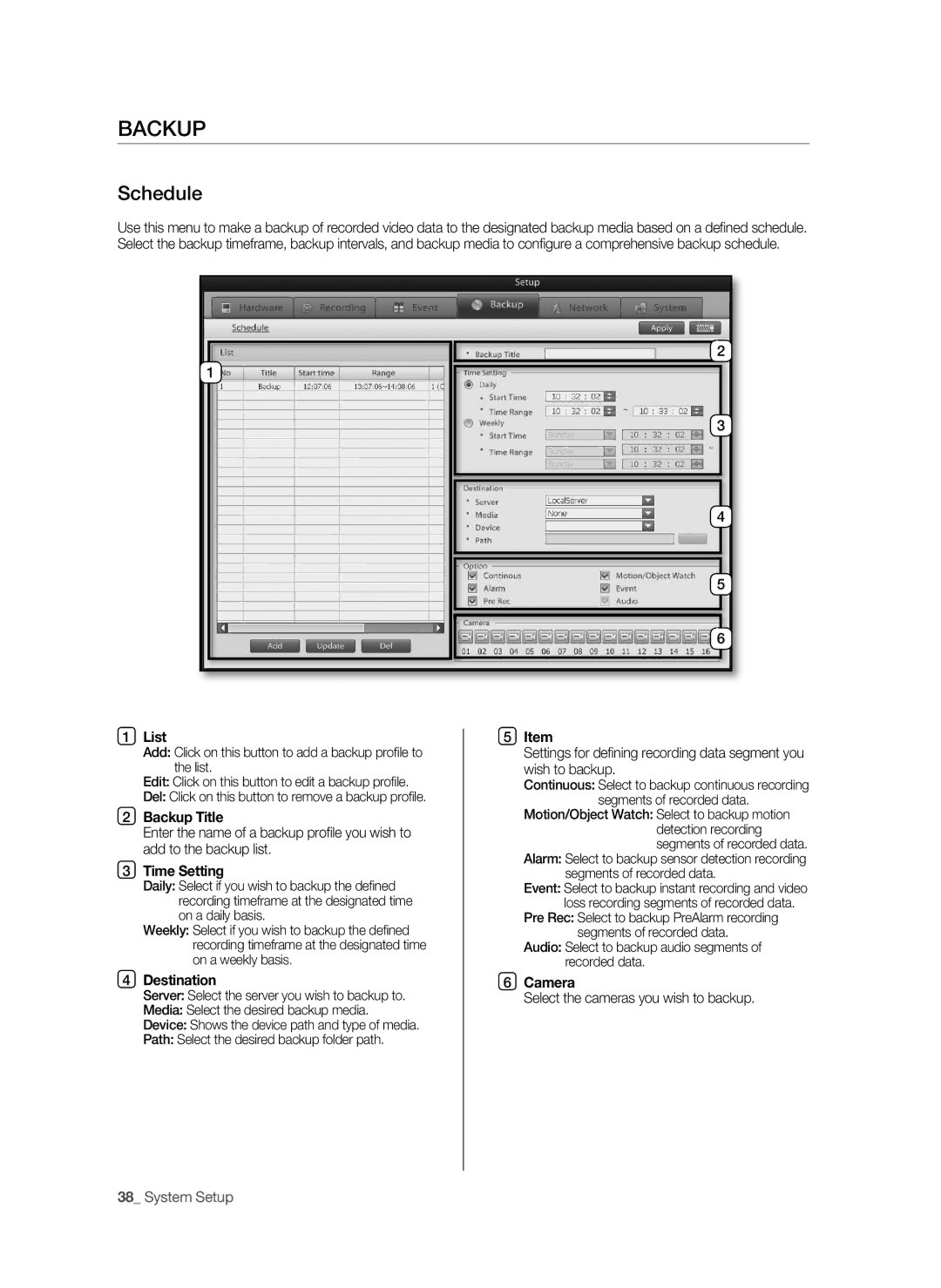 Samsung SHR-9716 user manual Backup Title, Time Setting, Destination, Select the cameras you wish to backup 