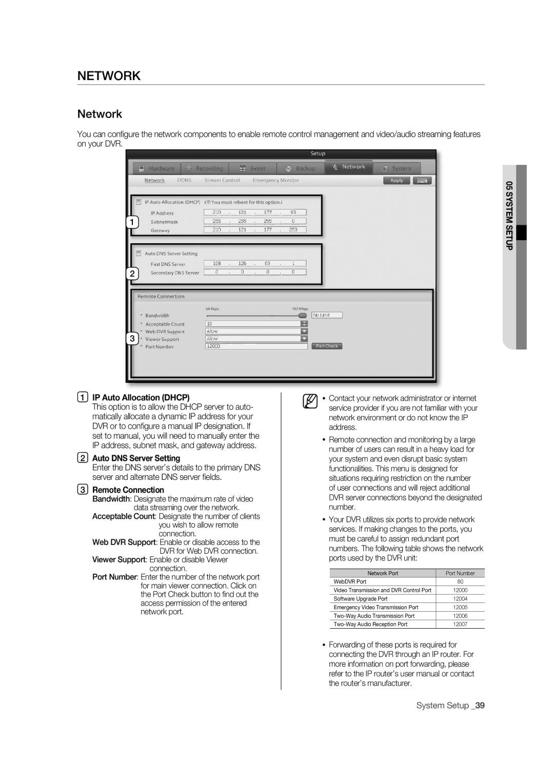 Samsung SHR-9716 user manual Network, Ip Auto Allocation DhCp, Auto DNS Server Setting, Remote Connection 