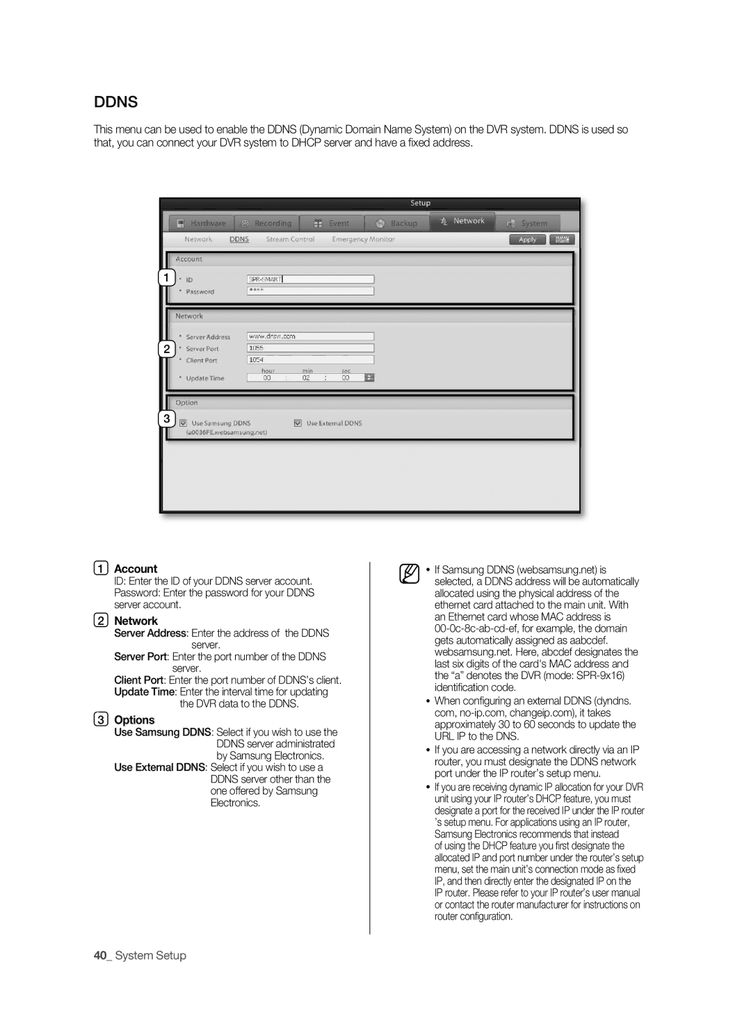 Samsung SHR-9716 user manual Account, Network, Options 