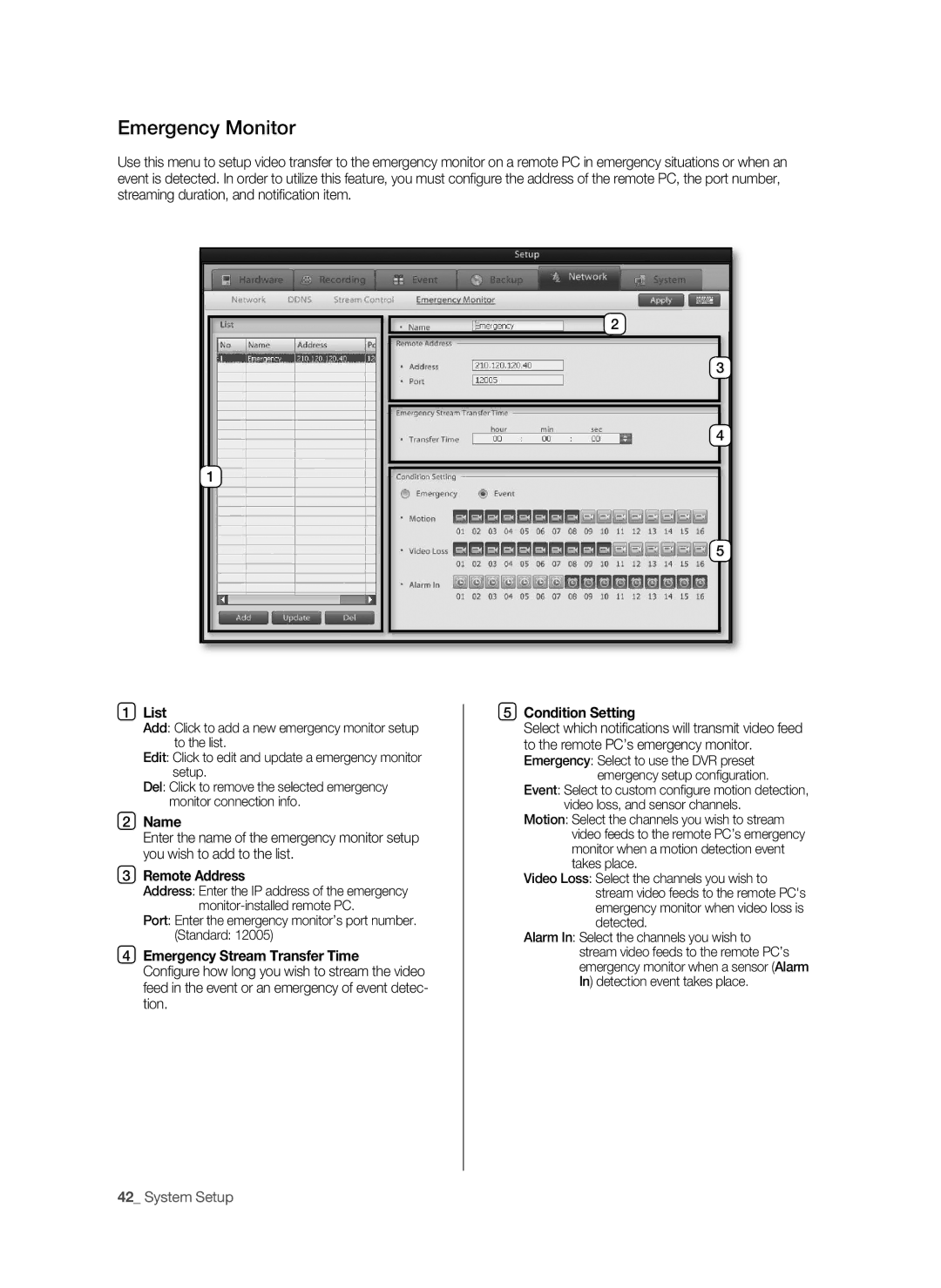 Samsung SHR-9716 user manual Emergency monitor, List Condition Setting, Remote Address, Emergency Stream Transfer Time 