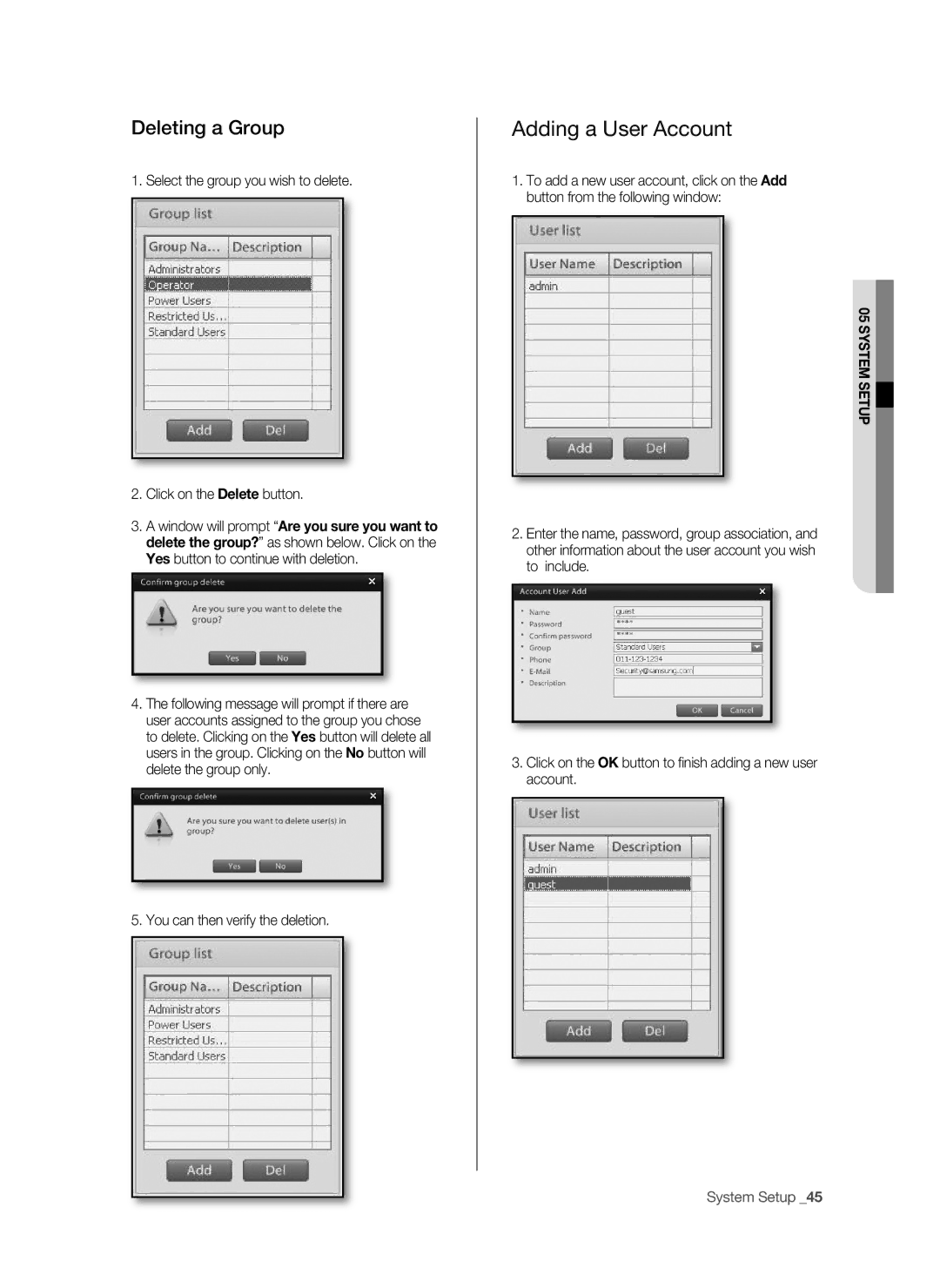 Samsung SHR-9716 user manual Adding a User Account, Deleting a Group, You can then verify the deletion 