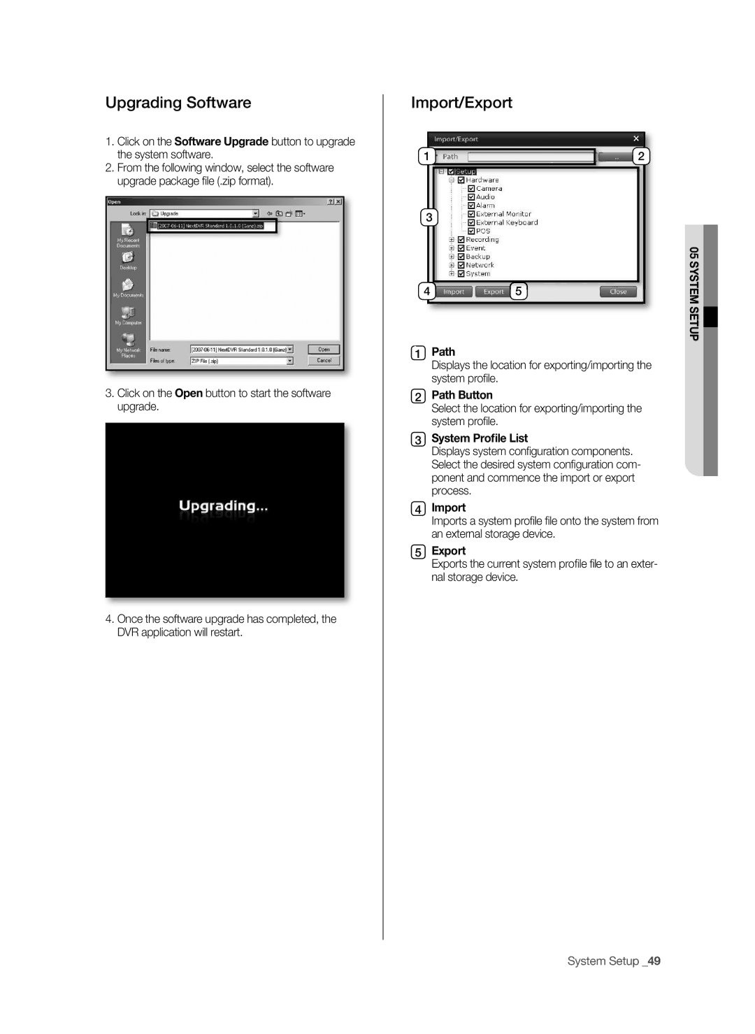 Samsung SHR-9716 Upgrading Software, Import/Export, Click on the Open button to start the software upgrade, Path Button 