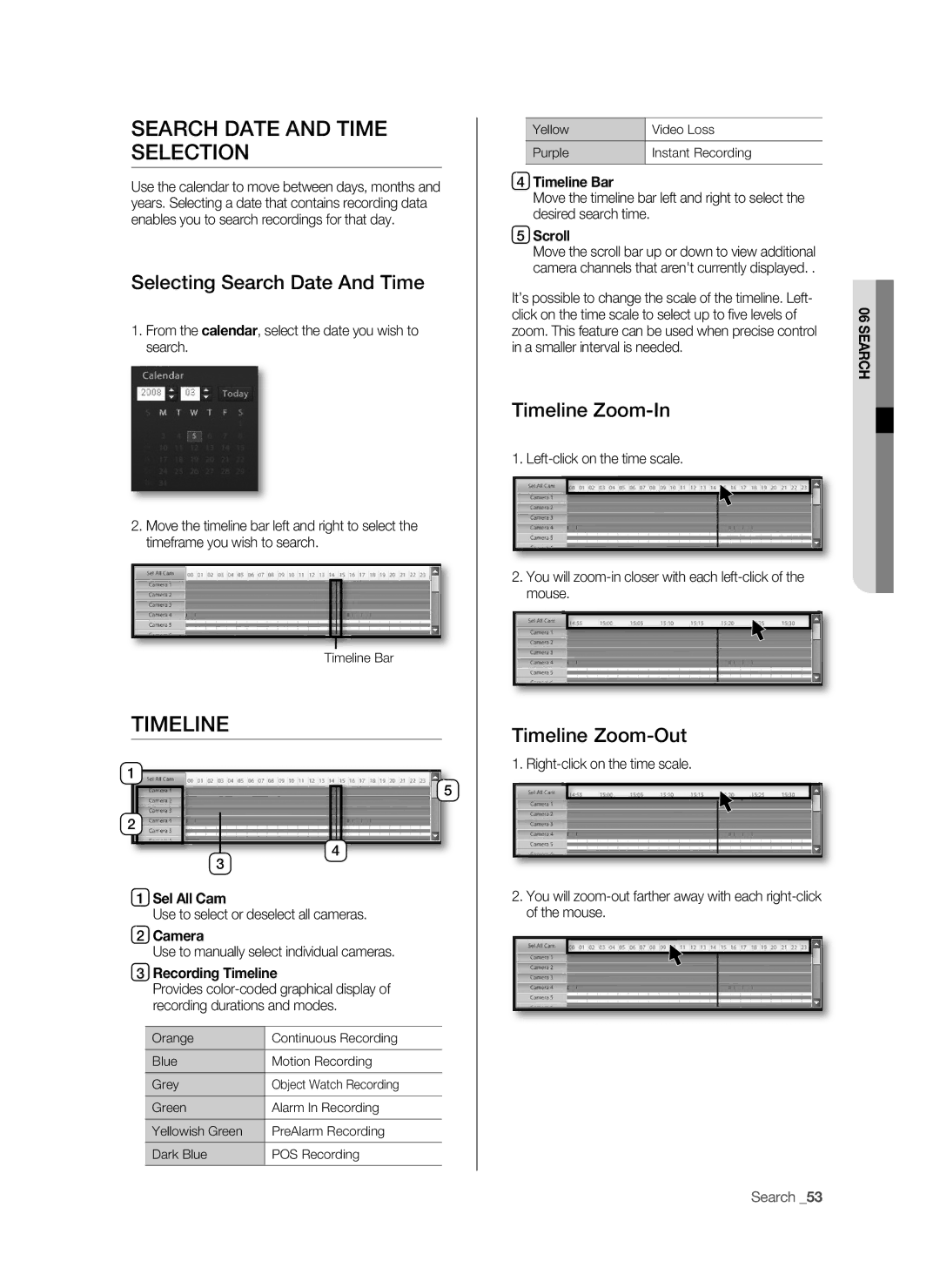 Samsung SHR-9716 user manual Search Date and TImE, Selection, TImELINE 