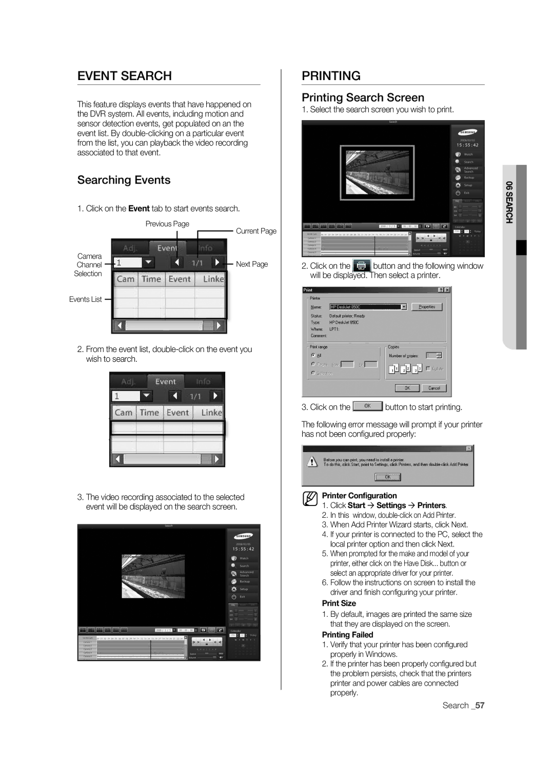 Samsung SHR-9716 user manual Event Search, Searching Events, Printing Search Screen 