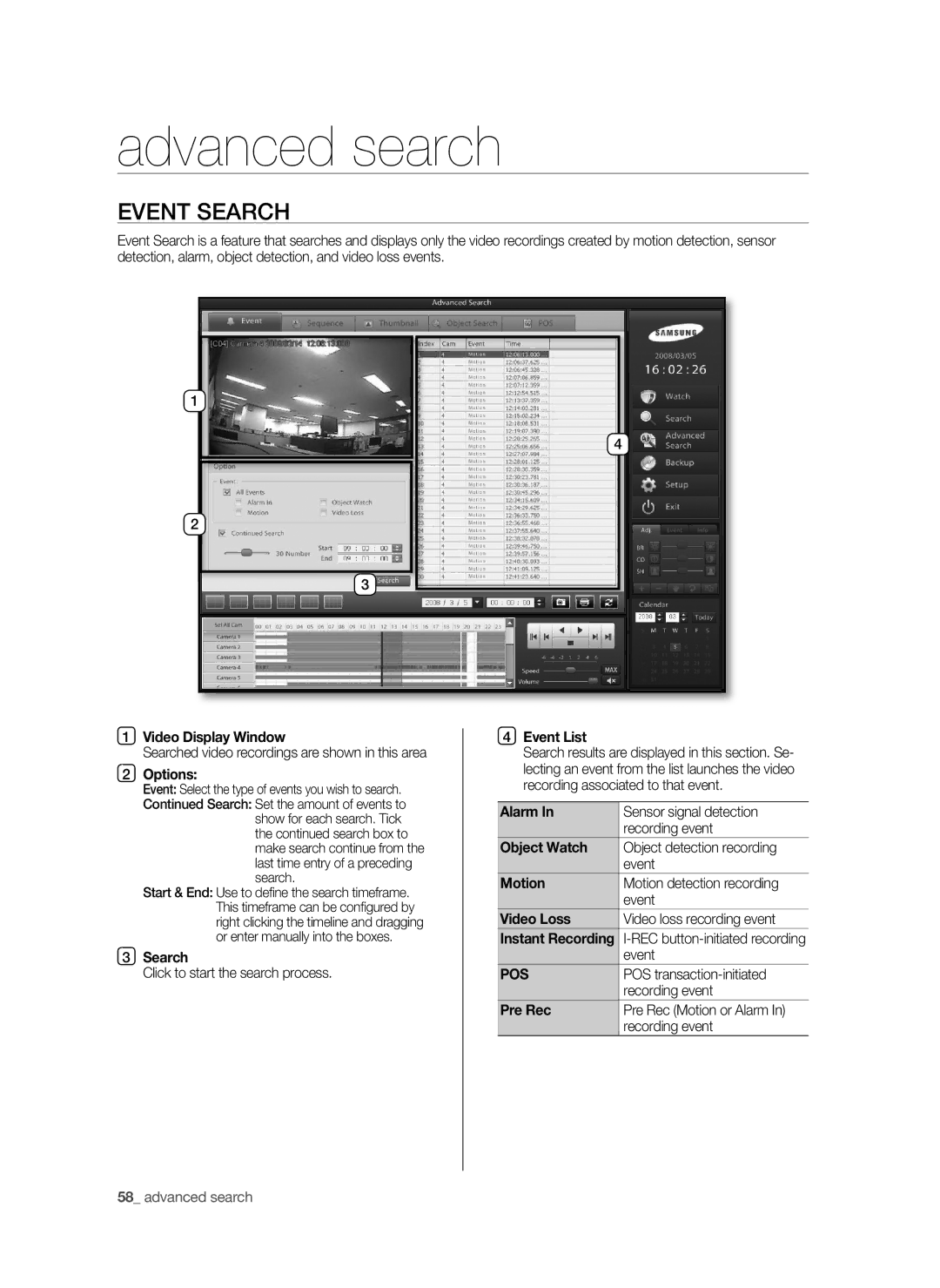 Samsung SHR-9716 user manual Advanced search, Event List, Object watch, Pos, Pre Rec 