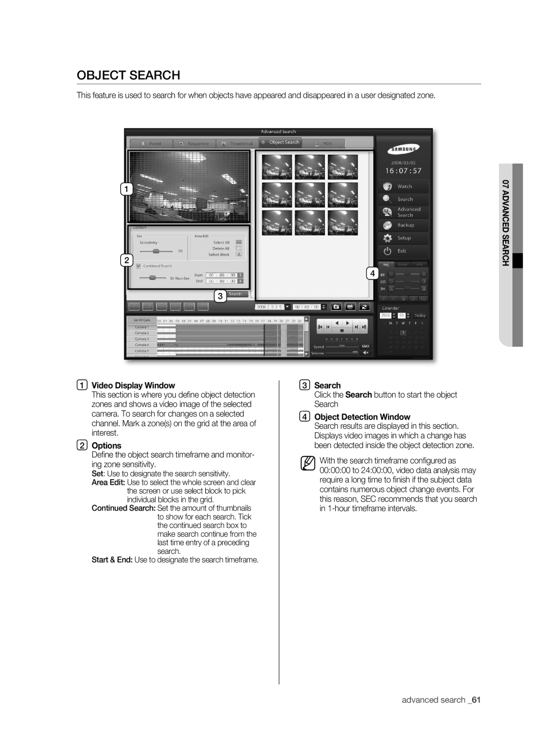 Samsung SHR-9716 user manual Object Search, Click the Search button to start the object Search, Object Detection window 