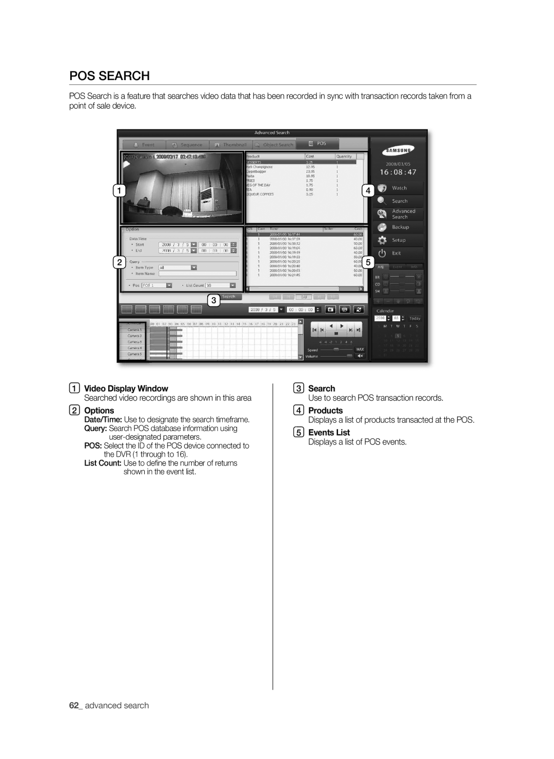 Samsung SHR-9716 user manual POS Search, Products, Events List 