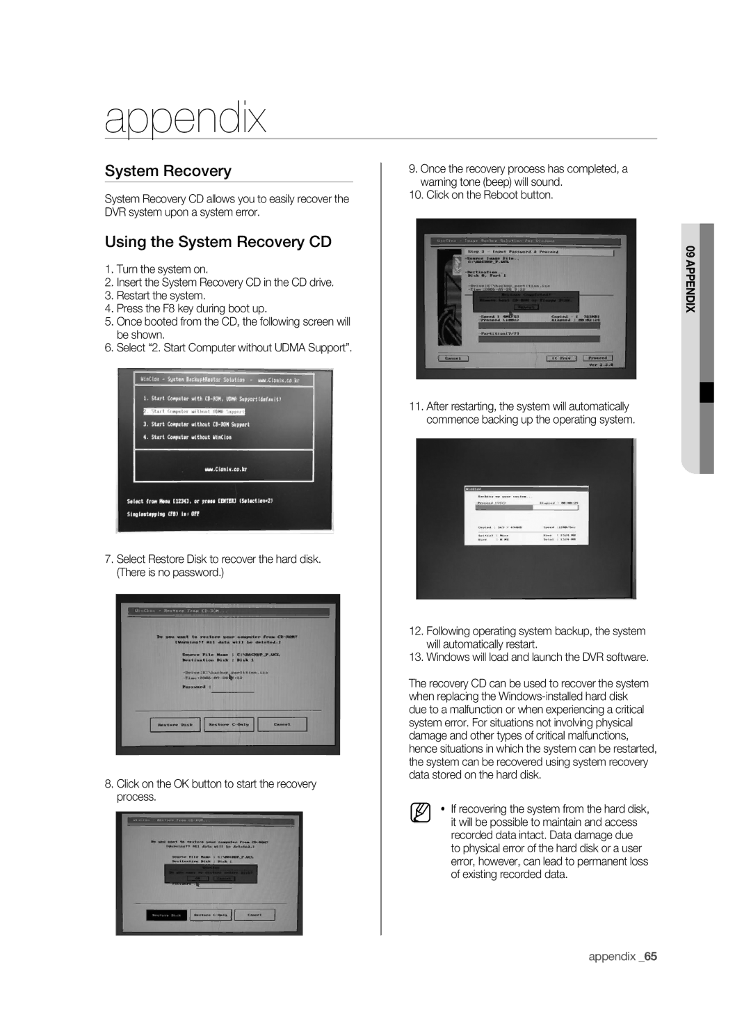 Samsung SHR-9716 user manual Appendix, Using the System Recovery CD, Click on the Reboot button 