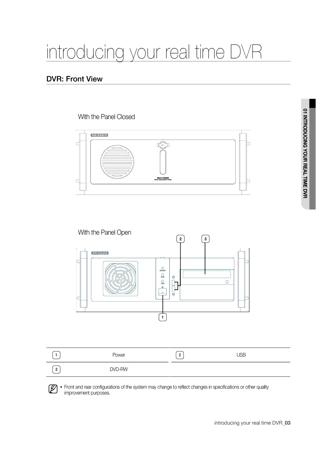 Samsung SHR-9716 user manual DVR Front View, With the Panel Closed With the Panel Open, Power 