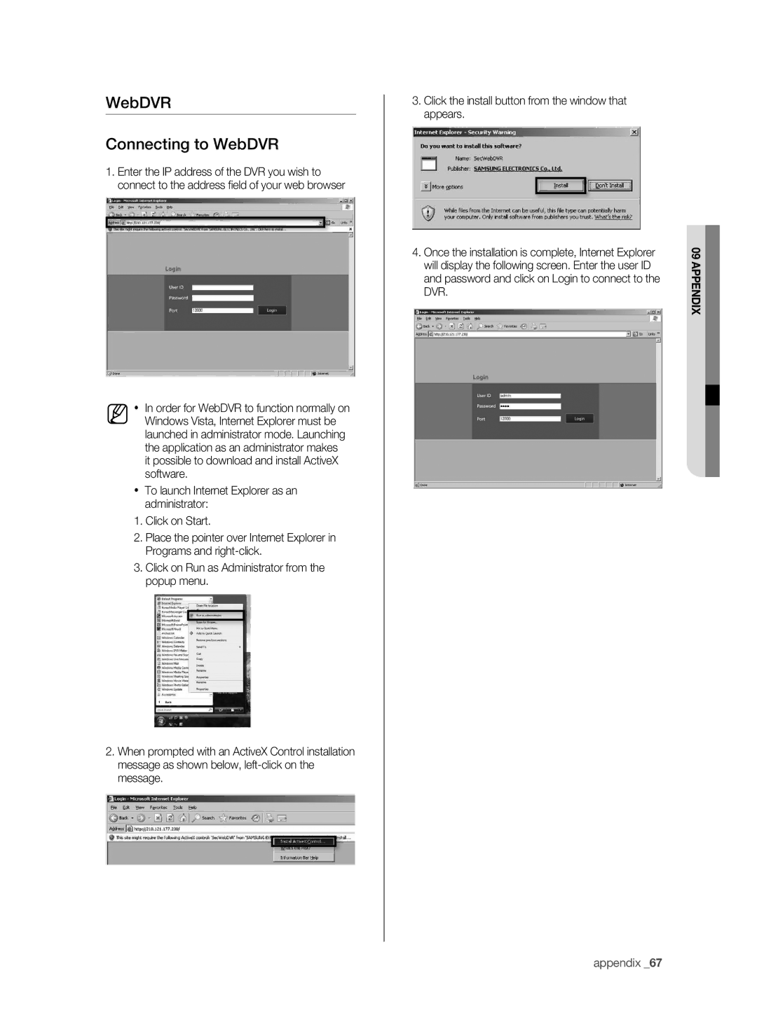 Samsung SHR-9716 user manual WebDVR Connecting to WebDVR 